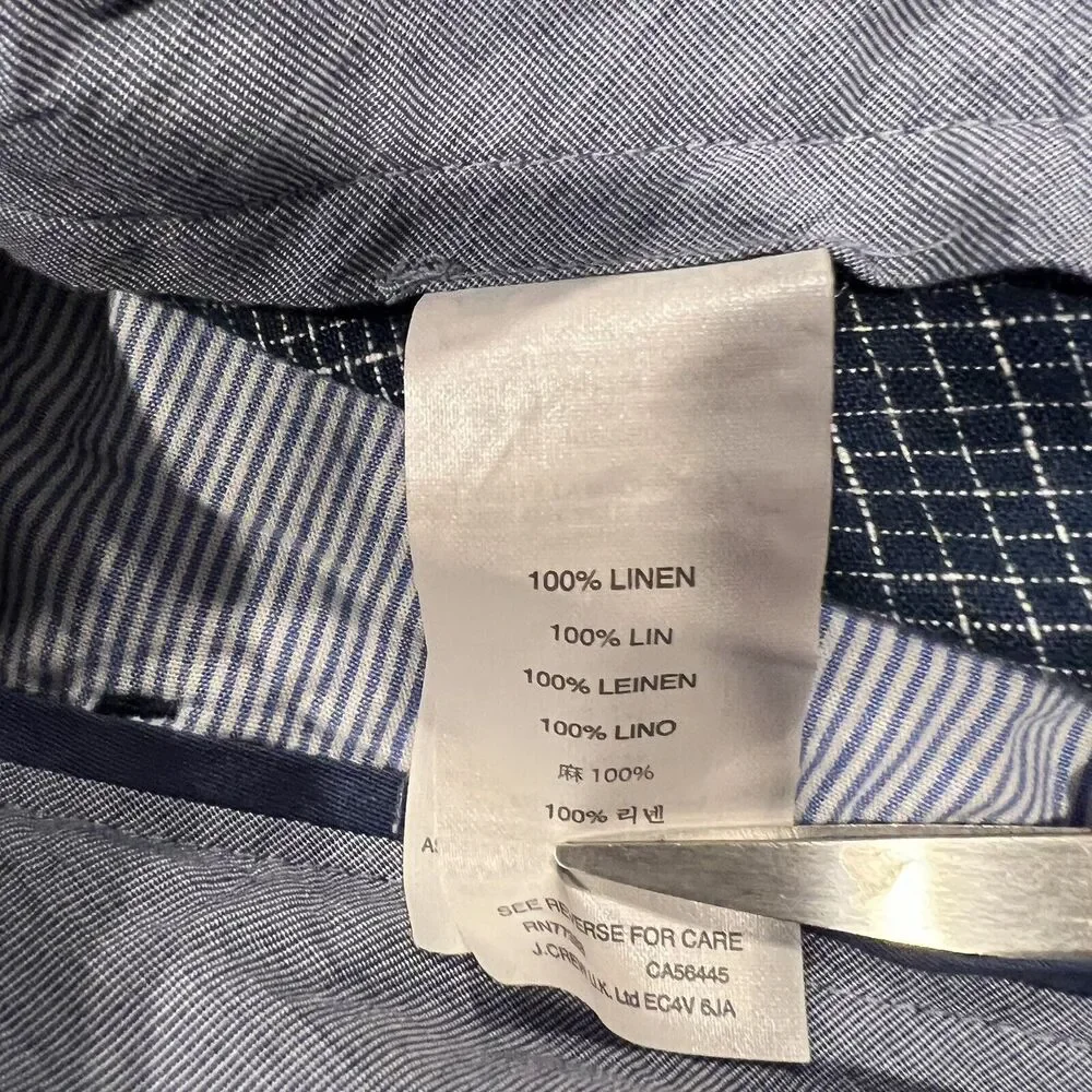 J Crew Club Men's 100% Linen Blue Plaid Chino Shorts Flat Front Size‎ 34 10.5 L